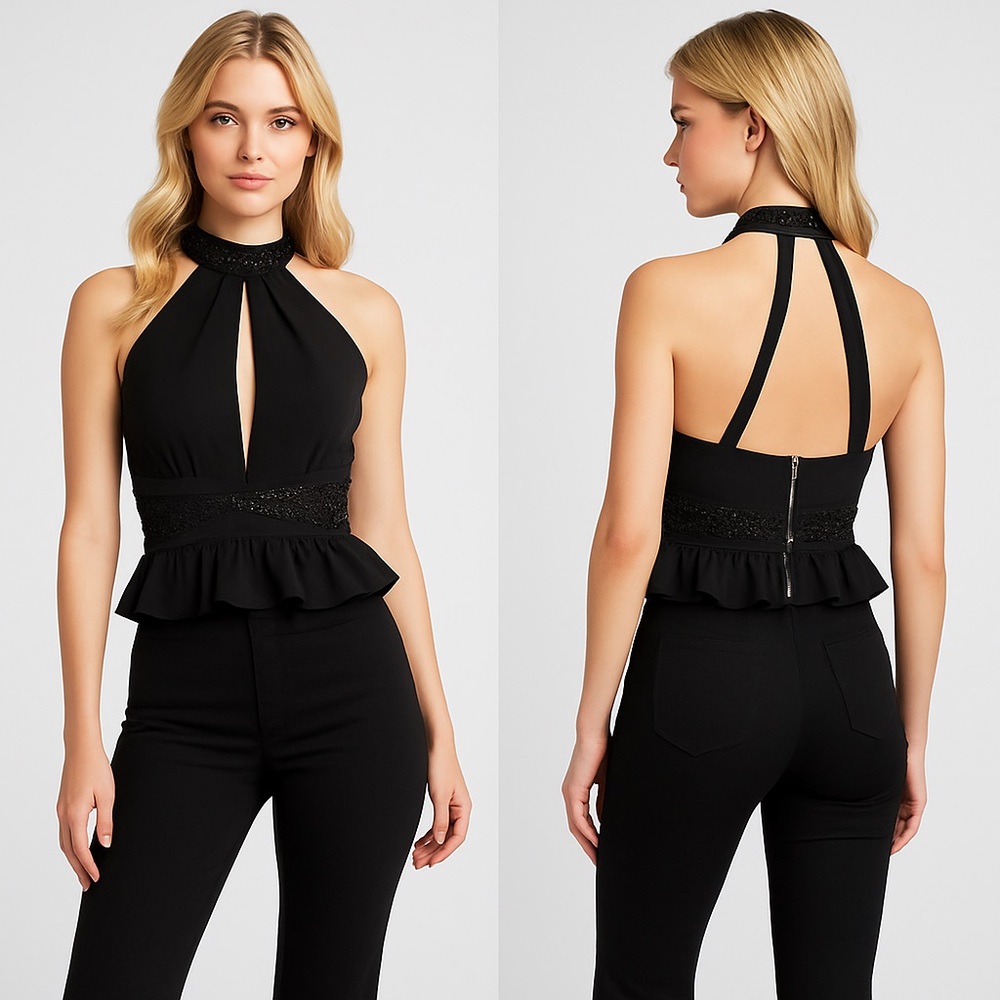 Express Black Embellished Halter Top Keyhole Peplum Beaded Party Going Out S 2 4